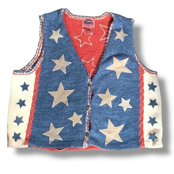 Vintage Blue and Red Star V-Neck Sweater Vest - Picture 1 of 8